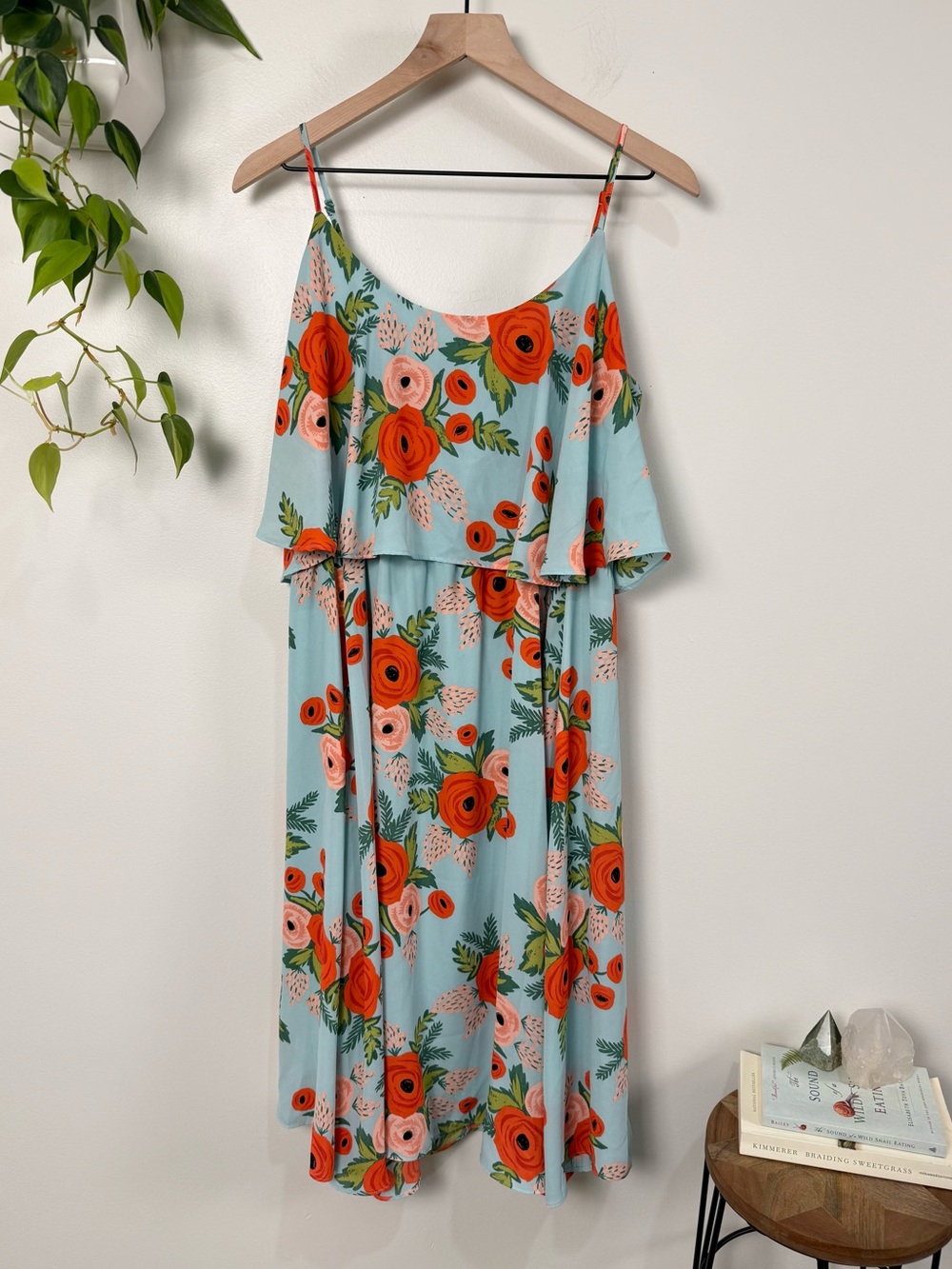 Anthropologie Paper Crown x Rifle Paper Co Poppy Field Dress Floral Blue Coral M - Picture 5 of 10
